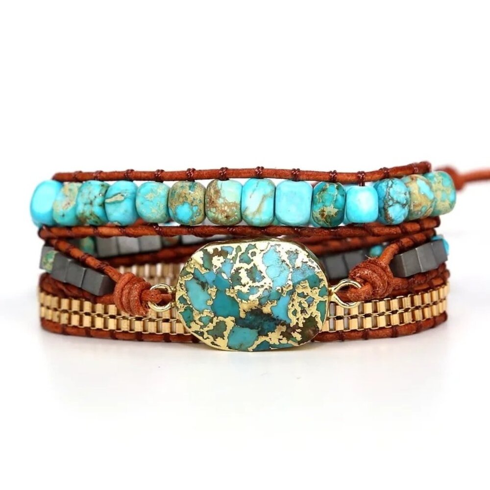 Western Style Blue Turquoise Leather Wrap Gold Tone Bracelet Southwest Boho